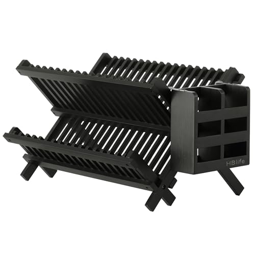 HBlife Dish Rack, Bamboo Folding 2-Tier Collapsible Drainer Dish Drying Rack with Utensils Flatware Holder Set (Dish Rack with Utensil Holder) - color: Bamboo-black-2 Tiers