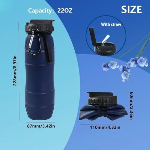 Collapsible Water Bottles 22oz with Straw 2Pack Travel (Blue+Light grey) - color: Blue+Light grey