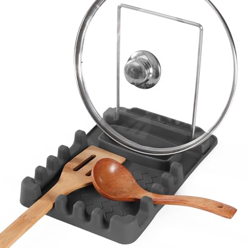 Silicone Utensil Rest with Foldable Stainless Steel Lid Holder – Multi-Slot Spoon & Spatula Holder, Heat Resistant, Non-Slip Rubber Feet, Dishwasher Safe, Space-Saving Kitchen Tool-grey - color: Gray