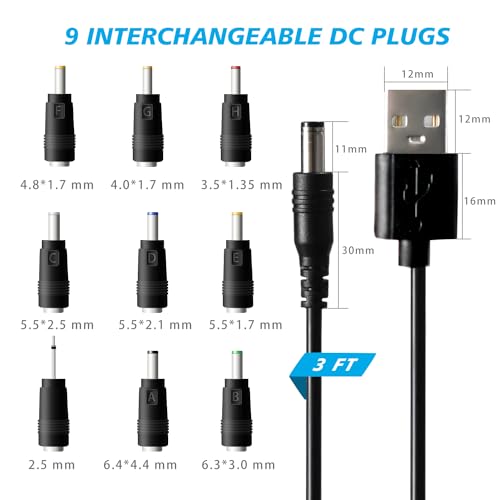 USB to DC 5V Power Cord, Universal DC 5.5x2.1mm Charging Cable with 9 Interchangeable Connectors Adapter for Moon Lamp, Massage Wand, Router, LED Light, Mini Fan, Speaker and More Devices (Black) - color: Black