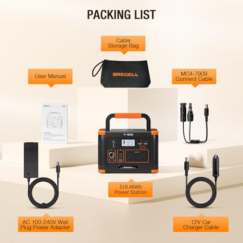 Portable Power Station 500W(Peak 1000W), 519Wh Outdoor Solar Generator - color: Grey