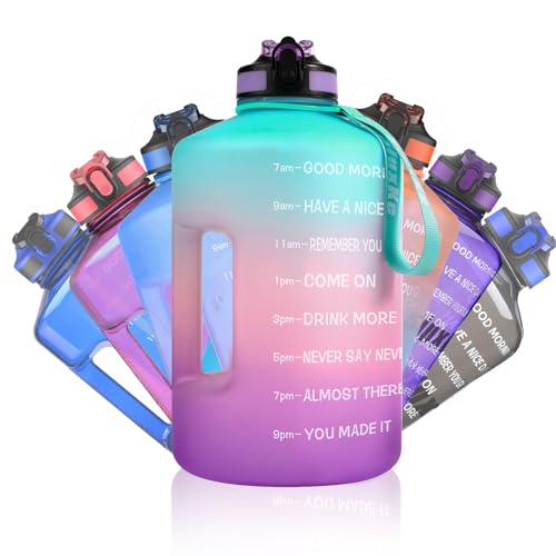 SLUXKE 1 Gallon Motivational Sports Water Bottle with Time Marker, BPA Free 128oz Leak Proof Jug, Black, Plastic, 128 ounces, Fitness, Sports, Outdoor Activities - color: Green Pink Purple