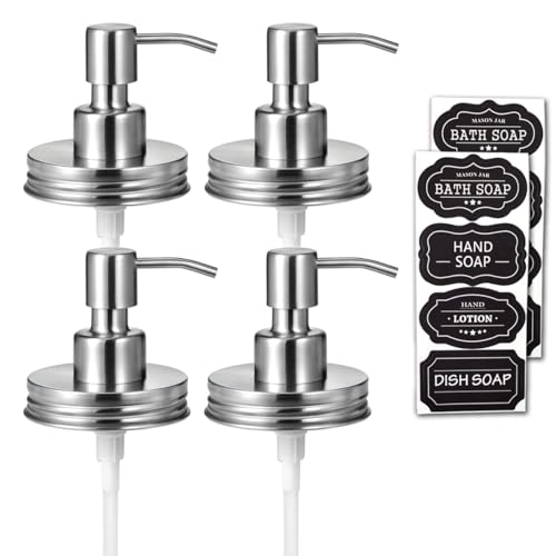 Amolliar Mason Jar Liquid Soap Dispenser Pump Lid, Brushed Nickel 4 Pack | Stainless Steel Soap Pump 16oz Regular Mouth Jar, Farmhouse Decor, Hand Soap, Dish Soap, Lotion Soap Lid, Extra 2 Long Tubes - color: Brushed Nickel, size: 4 Pack