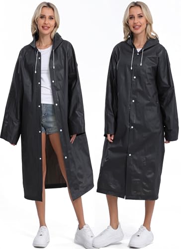 2-Pack Reusable Rain Ponchos for Adults, HOOMBOOM Raincoats Emergency for Women/Men with Drawstring and Sleeves - color: Black