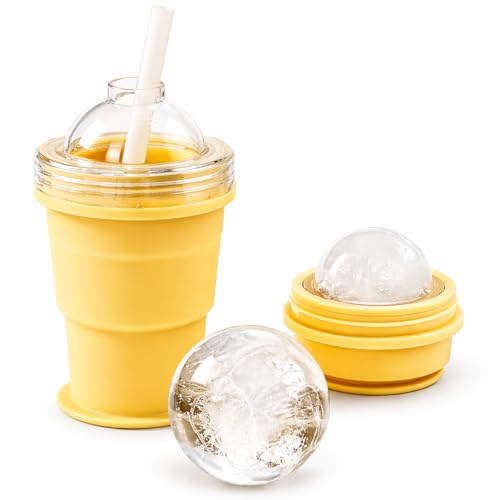 Foldable Ice Ball Cup with Straw, 2-in-1 Silicone Mold & Collapsible Travel Tumbler, Large 6cm Sphere Maker, Portable Drink Cup, 325ml (YELLOW) - color: Yellow