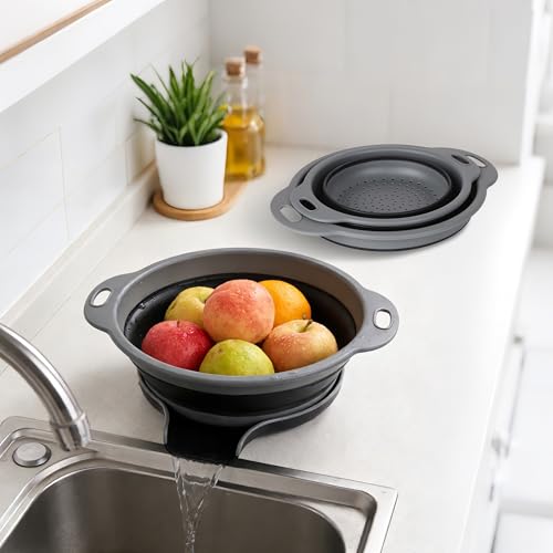 Collapsible Colander Set of 3 with Kitchen Counter Self-draining Base, Round Silicone Food Foldable Strainer for Cooking Pasta, Vegetables and Fruit (3QT, 4QT and 5QT), Black