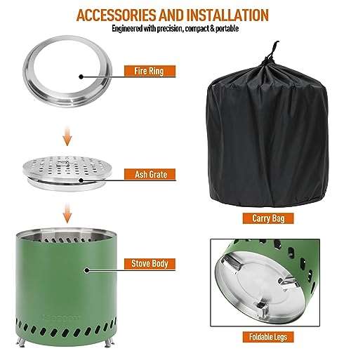 Portable Table Top Fire Pit with Stand, 8.6" Stainless Steel Mini Outdoor Low Smoke Burning Tabletop Firepit Fueled by Pellets or Wood, for Outside Camping Green - color: Olive Green, size: 8.6 Inch