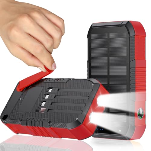 Solar Power Bank 66800mAh Built in Hand Crank for Camping and Hiking | Fast Charge,4 Built in Cable,5 Outputs & 3 Inputs Multi Device Charging,SOS/Flashlight/Compass,Waterproof - color: red
