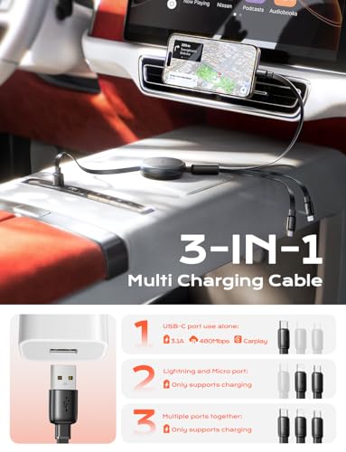 LISEN Multi Charging Cable, 3 in 1 Retractable Charging Cable, Retractable Car Charger with Type C/L/Micro USB Ports for iPhone 17 16 15 14 Pro/Samsung Galaxy S25/Kindle, Car Accessories, 2 Pack - color: Black, size: 3.7FT+3.7FT