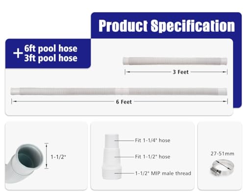 CIPU Pool Hose Kit 1-1/2 Inch, Above Ground Pool Filter Hose Replacement Set with 6 ft & 3 ft Hoses, 2 White Adapters, 2 Clamps and PTFE Tape for Sand Filter Pool Pump - color: White Adapters