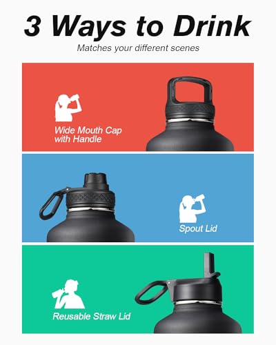 Coolflask Half Gallon Water Bottle Insulated with Straw & 3 Leakproof Lids | 64 oz Large Water Jug Stainless Steel Triple-Wall, Cold 48+h/Hot 24+h Dishwasher Safe, BPA-Free, for Sports Gym & Hiking - color: Magic Black, size: 64 Ounces