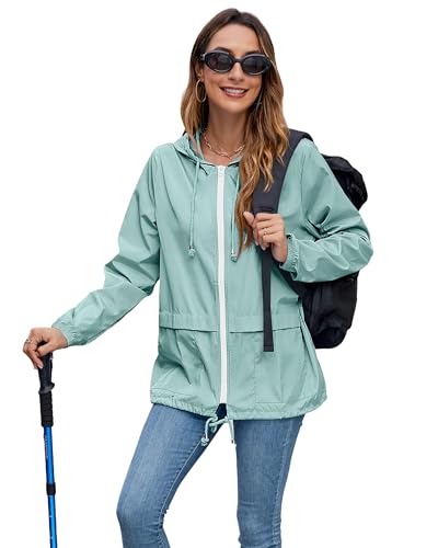 Hount Women Rain Jacket Lightweight Waterproof Packable Raincoat with Hood - color: Light Green, size: XX-Large