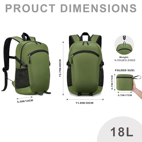 Lightweight Hiking Backpack 18L Packable Foldable Small Daypack Collapsible Travel Bag Water-Resistant for Women Men (Green) - color: Green, size: Small