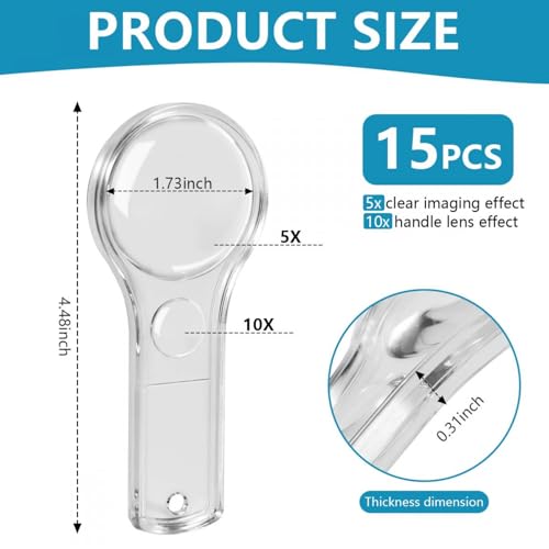 SenseYo 15 PCS Mini Magnifying Glass for Kids 5X 10X Small Clear Kid Magnifier for Seniors Reading Close Work Book Newspaper Study Hobby Nature Exploration Scientific Activities - size: 15