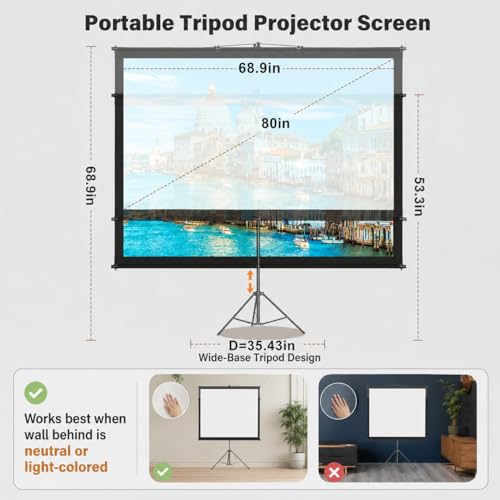 Projector Screen with Tripod Stand, Indoor Movie Screen, 80 in Portable Projection Screen, 16:9, 4K Display Washable Mobile Polyester Fabric Projector Screen for Backyard, Home Theater - size: 80inch