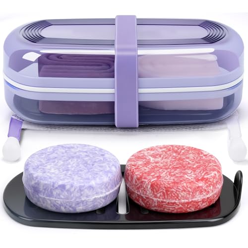 Shampoo Bar Holder and Soap Case, Leakproof Travel Container with Lid & Drain Tray, Includes Silicone Strap and Soap Bag, Compatible with Kitsch Solid Shampoo & Conditioner Bars(Grape Purple, Large) - color: Grape Purple Style A-large