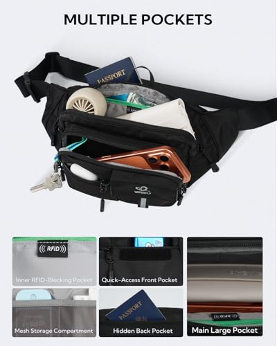 WATERFLY Fanny Pack Waist Bag: 3L Large RFID Anti-Theft with 9 Pockets - color: Black