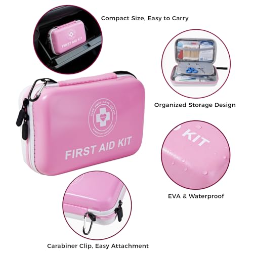 Premium First Aid Kit - 305 Piece Dual-Color Emergency Kit with Hard Shell & Fluorescent Interior Coating, Compact Survival Kit for Home, Car, Travel, Hiking & Outdoor (Pink/White) - color: Pink/White