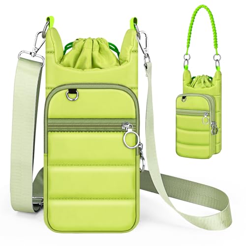 bvya Puffer Water Bottle Holder Quilted Sports Pouch Bag with Adjustable Shoulder Strap & Paracord Handle - color: Green