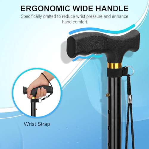supregear Folding Cane, Lightweight 5-Level Adjustable Walking Stick with Wrist Strap and T-Handle, Portable Mobility Aid for Elderly and Disabled Men and Women - color: Black
