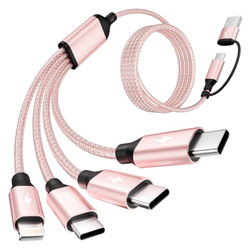 MPATIBY 4 in 2 Multi Charging Cable, 1 Pack 5FT Dual Input Charging Cords | USB A & USB C Inputs with 3* USB C & 1* IP Outputs, Travel Essentials, Phone Charger for Multiple Devices - color: Pink, size: 1Pack5FT