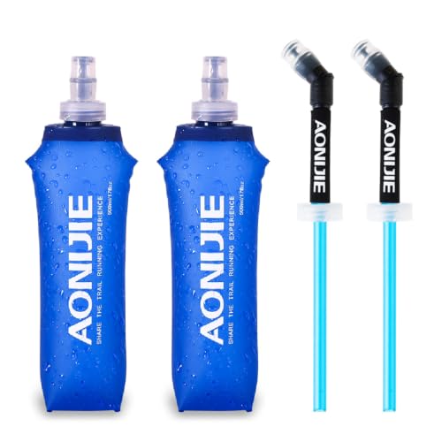 YAPJEB Soft Flask Collapsible Water Bottles, TPU Soft Water Bottle Folding Flask for Hydration Pack, BPA Free Folding Water Bottle Ideal for Cycling - color: 500ml/16.9oz - 2 Pack with Straws