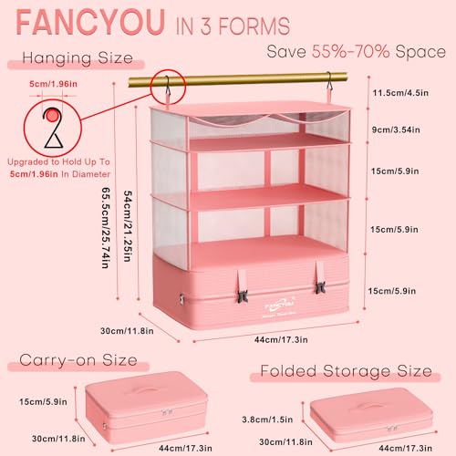 Compressible Packing Cubes Portable Hanging Closet Shelves 17"x12"x24" Extendable Travel Organizer Nylon Packing Bags for Suitcase - color: Pink