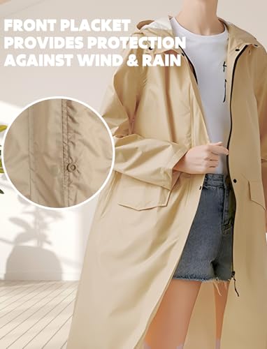 ANYOO Waterproof Rain Poncho Lightweight Reusable Hiking Hooded Coat Jacket for Outdoor Activities - color: Khaki