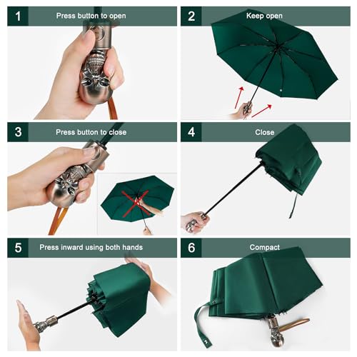 Skull Handle Windproof Travel Umbrella Compact Portable, Auto Open Close | Luxury Gothic Skull Grip with One-Touch Automatic Open, Wind Resistant and Sturdy for Rain, Lightweight to Carry Daily - color: 06.Dark Green