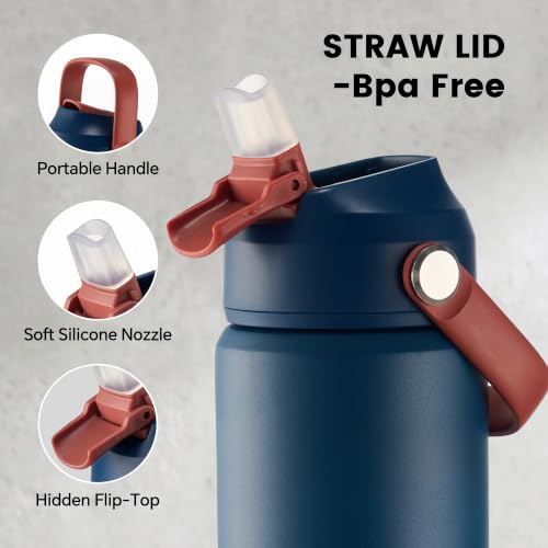 Fijinhom 18 oz Insulated Water Bottle with Straw Lid, Stainless Steel Water Bottles, Double Wall Vacuum, Portable Handle & Non-slip Bottom, BPA Free Leak Proof Metal Bottles, Keep Cold 24H, Blue/Red - color: Blue/Red, size: 18 Ounces
