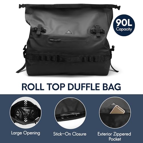 Haimont IPX7 Waterproof Roll-Top Dry Duffel Backpack | 60L/90L Sizes, 500D Tarpaulin, Welded Seams, Mesh Pockets, Boating & Kayaking - color: Black, size: 90L