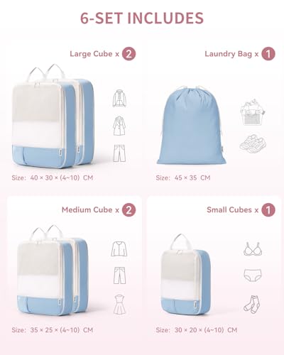 Narwey 6 Set Compression Packing Cubes for Travel, Lightweight Expandable Luggage Organizer Bags, Durable Space Saver Bags (Blue) - color: Blue