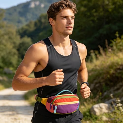 Retro Fanny Pack for Women Men Hiking Waist Packs 2 Pockets Color-blocking Belt Bags for Festival 80s 90s Theme Party Running Traveling (Purple) - color: Purple