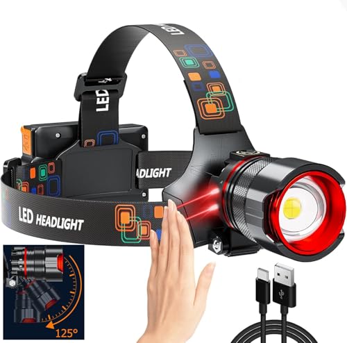 UVER Rechargeable LED Headlamp, Super Bright Motion Sensor Headlight with 125° Adjustable Angle, Red Night Vision Light, IPX4 Waterproof, Zoomable Head Lamp for Camping Hiking Running Fishing Work