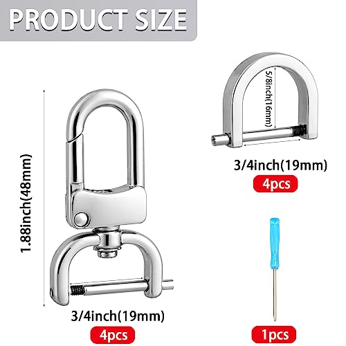 4pcs Detachable Snap Hook Swivel Clasp with 4pcs D-Rings Screw in Shackle for DIY Purse Strap Replacement (Silver,3/4 inch) - color: Silver, size: 3/4 inch