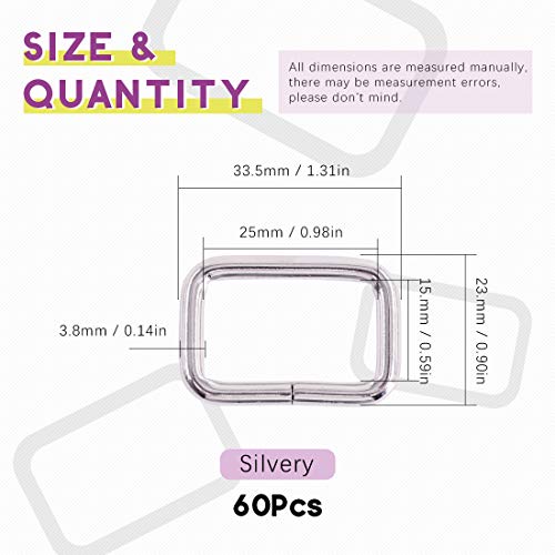 Swpeet 60Pcs 1 Inch / 25mm Heavy Duty Metal Ring Buckle Webbing Belts - color: Sliver, style: Metal Rectangle Ring