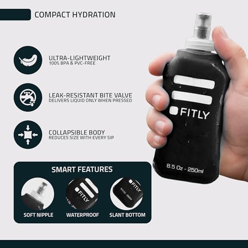 FITLY Soft Flask - Shrink As You Drink Soft Water Bottle for Hydration Pack - Folding Water Bottle Ideal for Running, Hiking, Cycling, Climbing & Rigorous Activity - color: Black, size: 8.5 Ounces