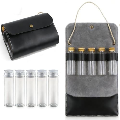 BY-J Camping Spice Kit with 5 Jars, Foldable Leather Spice Holder Seasoning Storage Bag, Condiment Container Set for Outdoor Picnic BBQ, Waterproof Travel Seasoning Container, Black - color: SK0325-Black