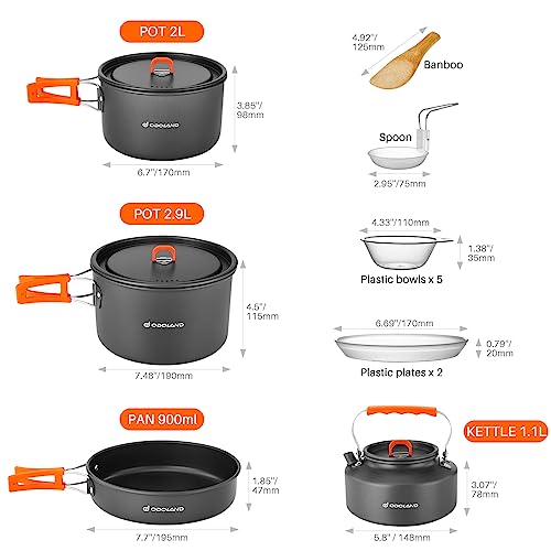 Odoland 15pcs Camping Cookware Non-Stick Lightweight Camping Pots and Pans Set with Kettle Plastic Plates Bowls Soup Spoon for Camping, Backpacking, Outdoor Cooking and Picnic