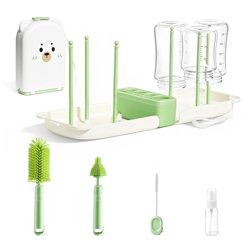 LEQXGO Travel Baby Bottle Cleaner Kit with Storage Case, 7-in-1 Baby Bottle Brush Set with Drying Rack for Breast Pump Parts, Bottle Washing Kit - Baby Travel Essential for Flying & On-the-Go (Green) - color: Green