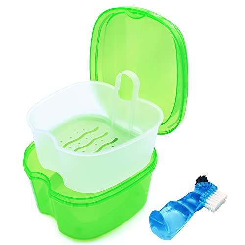 Keedolla Denture Cups for Soaking Dentures, Denture Cleaning Case Retainer Container Mouth Guard Bath Box Holder Case with Brush for Night Guard, Gum Shields and Dental Appliances - color: Green