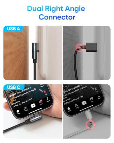 SUNGUY Right Angle USB C Cable 10FT, 2Pack Dual 90 Degree USB A to USB C Cable for Gaming, Switch, Tight Spaces, Type C Fast Charging Cable Braided for iPhone 17/16/15, Samsung Galaxy S26/S25/S24 - size: 10FT