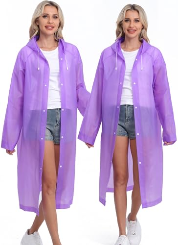 2-Pack Reusable Rain Ponchos for Adults, HOOMBOOM Raincoats Emergency for Women/Men with Drawstring and Sleeves - color: Purple