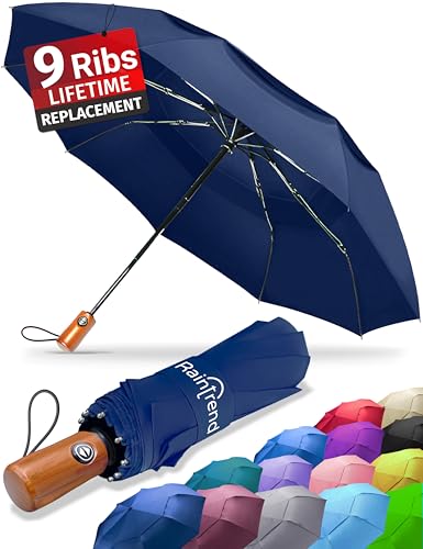 Raintrend Windproof Travel Umbrellas for Rain Automatic +10% Bigger Canopy Strong Frame Compact Folding Portable Umbrella for Women Men Backpack Purse - color: I Navy Blue