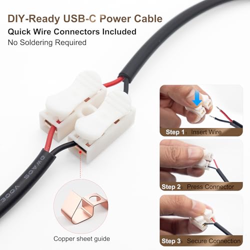 USB-C Power Pigtail to Bare Wire 20AWG 5V 5A Cable 1M 3.3ft 1 Pack