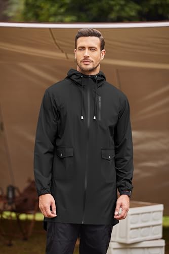 COOFANDY Men's Long Raincoat Ligtweight Rain Jacket Waterproof Outdoor Jackets with Hood - color: Black, size: Small