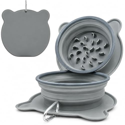Collapsible Dog Bowls, 2-in-1 Silicone Pet Food and Water Bowl with Carabiner - Portable Double Compartment Travel Dish for Dogs, Ideal for Camping, Hiking, Car Rides, Puppy Essentials (Gray) - color: Gray