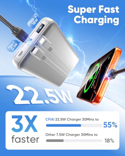 CFIAI Portable Charger 15000mAh Slim Power Bank with Built in Cables | 22.5W Fast Charge, Travel Essential, 50% Larger Capacity USB C Battery Pack for iPhone Samsung Android, Platinum - color: Platinum