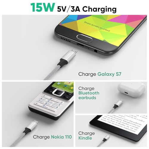 Micro USB Cable 1ft Short 15W Fast Charging & 480Mbps Data Transfer, USB A to MicroUSB Braided Charge Cord for Old Kindle Android Phone Nokia Tablet PS4 Controller Raspberry Pi and More