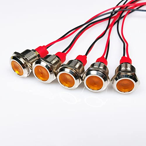 Gebildet 5pcs 12mm LED Metal Indicator Light AC/DC 12-24V Waterproof Signal Lamp Pilot Dash Directional with Wire(Yellow) - color: Yellow AC/DC 12-24V